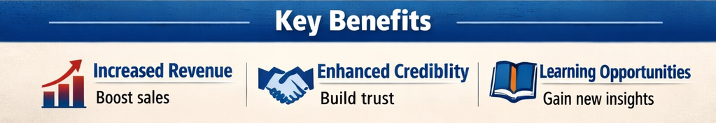 Key benefits: increased revenue, enhanced credibility, learning opportunities