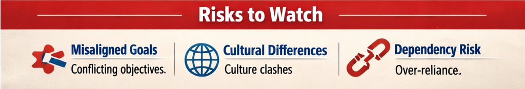 Risks to watch: misaligned goals, cultural differences, dependency risk
