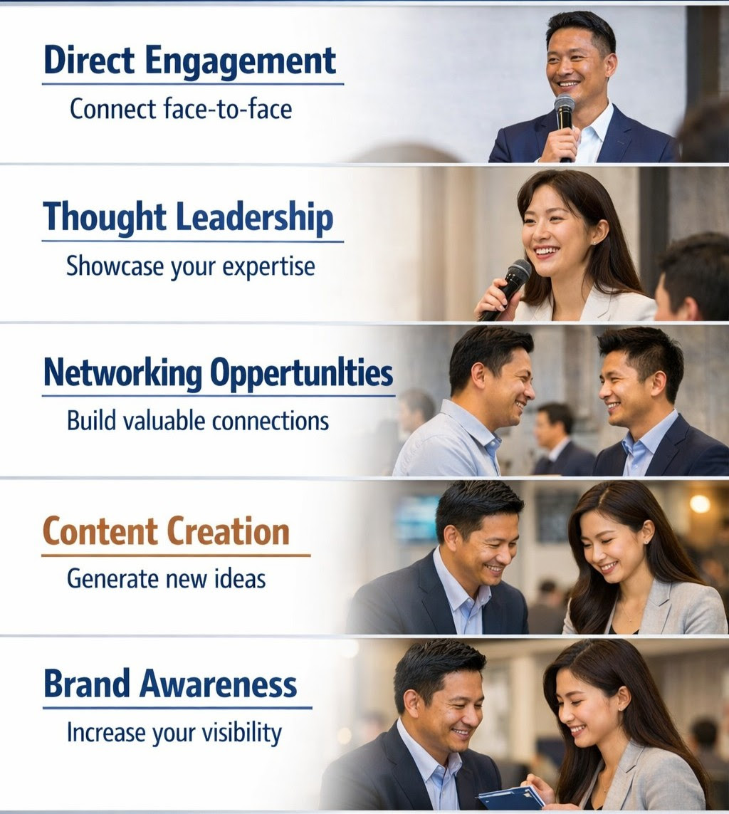 Key benefits: direct engagement, thought leadership, networking opportunities, content creation, brand awareness