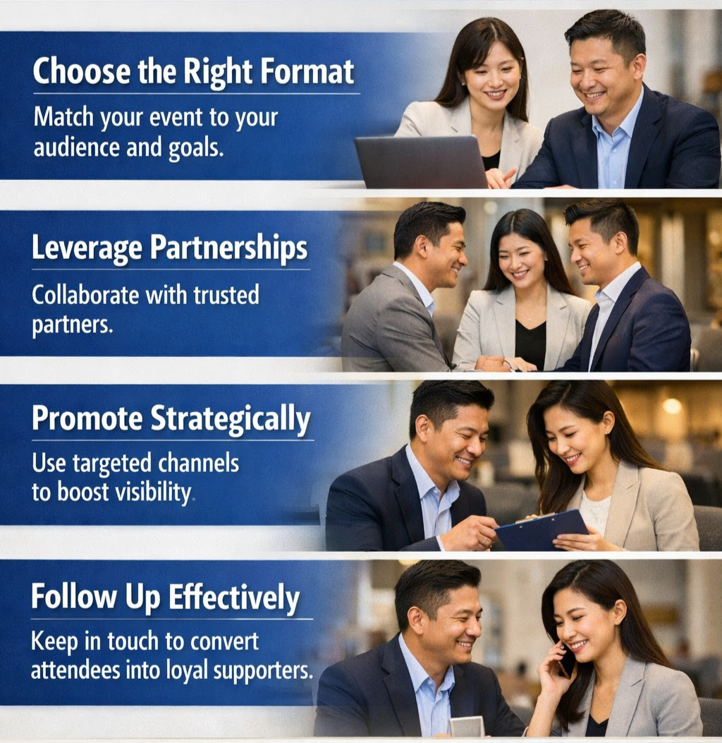Practical tips: choose the right format, leverage partnerships, promote strategically, follow up effectively