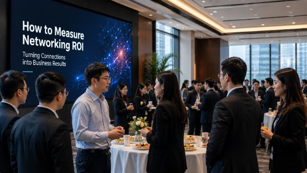 Professionals networking over refreshments at an industry event