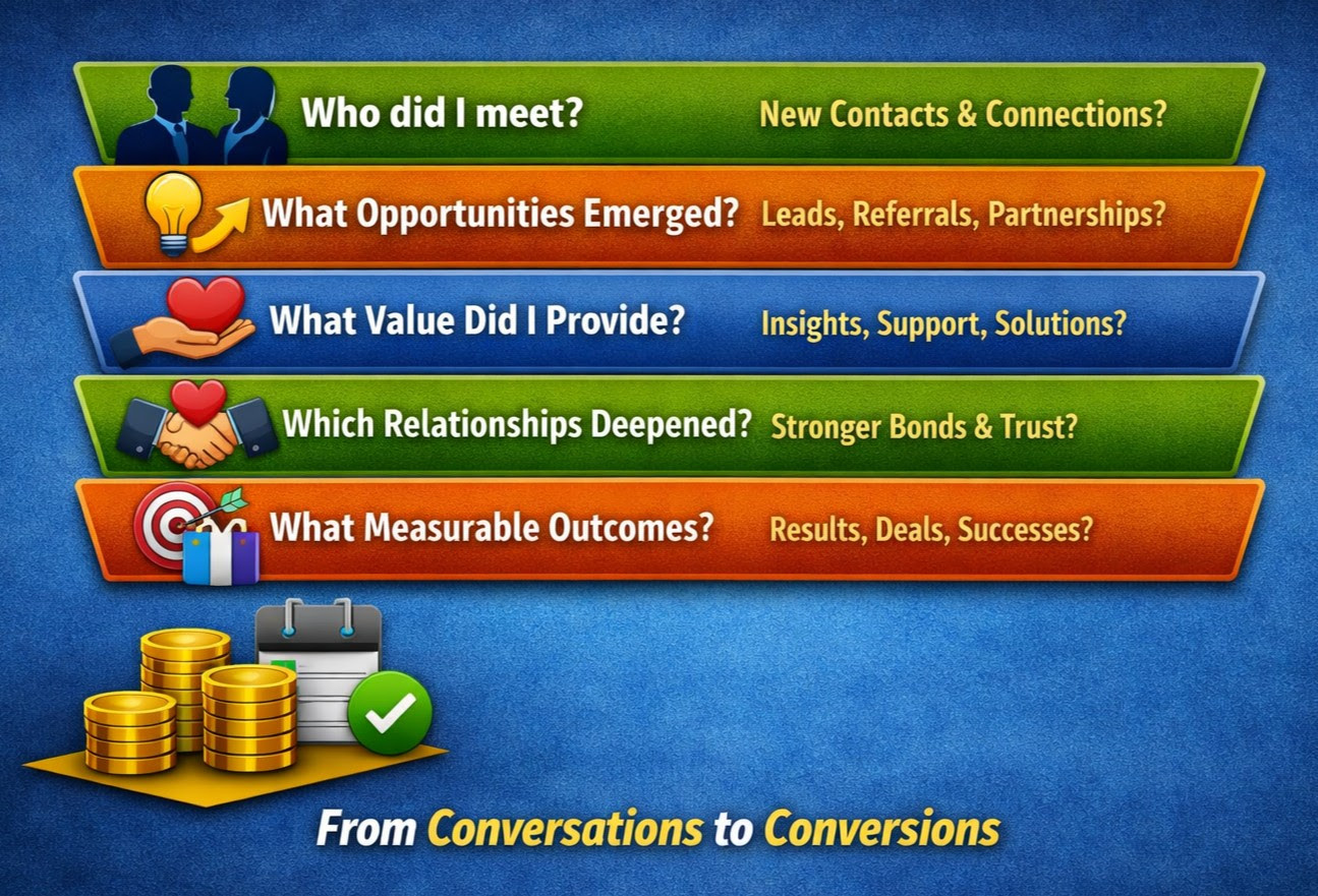 Ask yourself every quarter: who did I meet, what opportunities emerged, what value did I provide, which relationships deepened, what measurable outcomes — from conversations to conversions