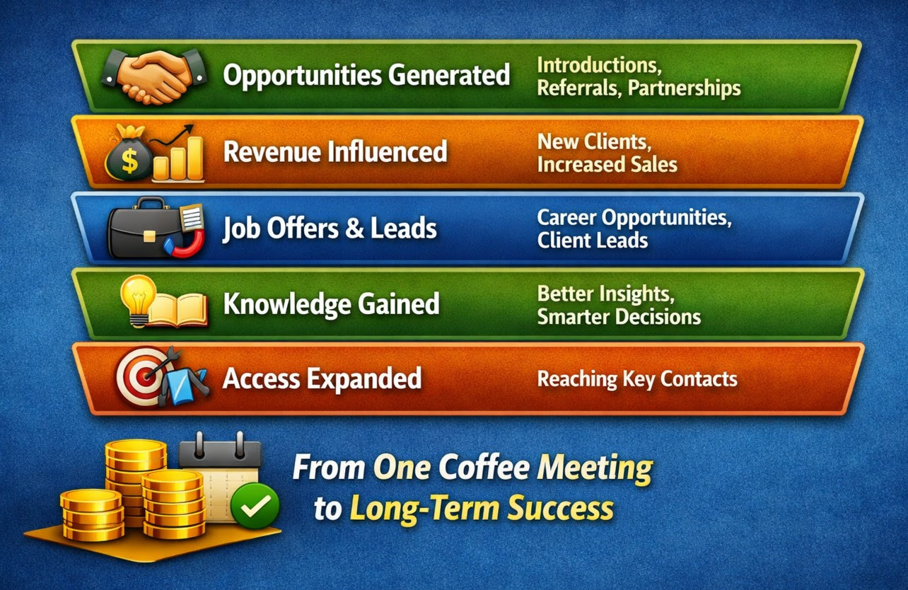 Track: opportunities generated, revenue influenced, job offers and leads, knowledge gained, access expanded — from one coffee meeting to long-term success