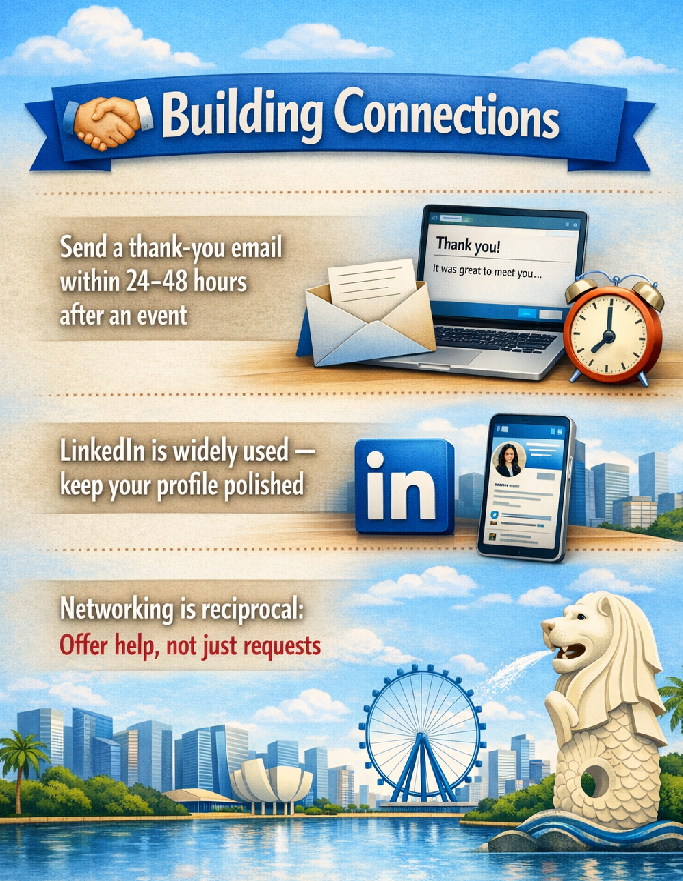 Building connections: send a thank-you email within 24-48 hours, keep your LinkedIn profile polished, remember networking is reciprocal