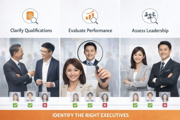 Identify the right executives: clarify qualifications, evaluate performance, assess leadership