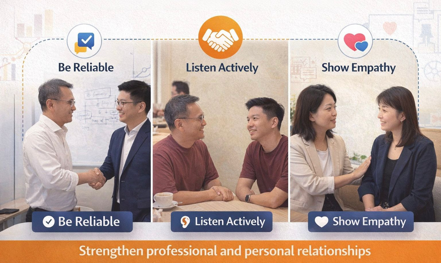 Build trust and connection: be reliable, listen actively, show empathy
