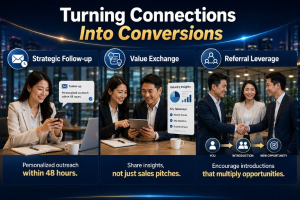 Turning connections into conversions: strategic follow-up, value exchange, referral leverage