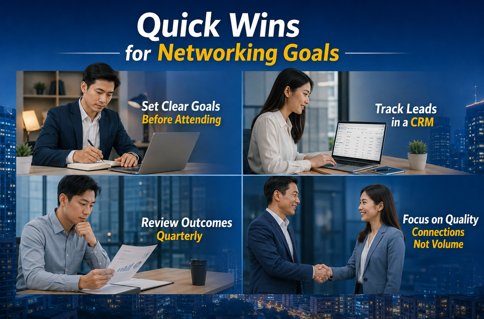 Quick wins for networking goals: set clear goals, track leads in a CRM, review outcomes quarterly, focus on quality