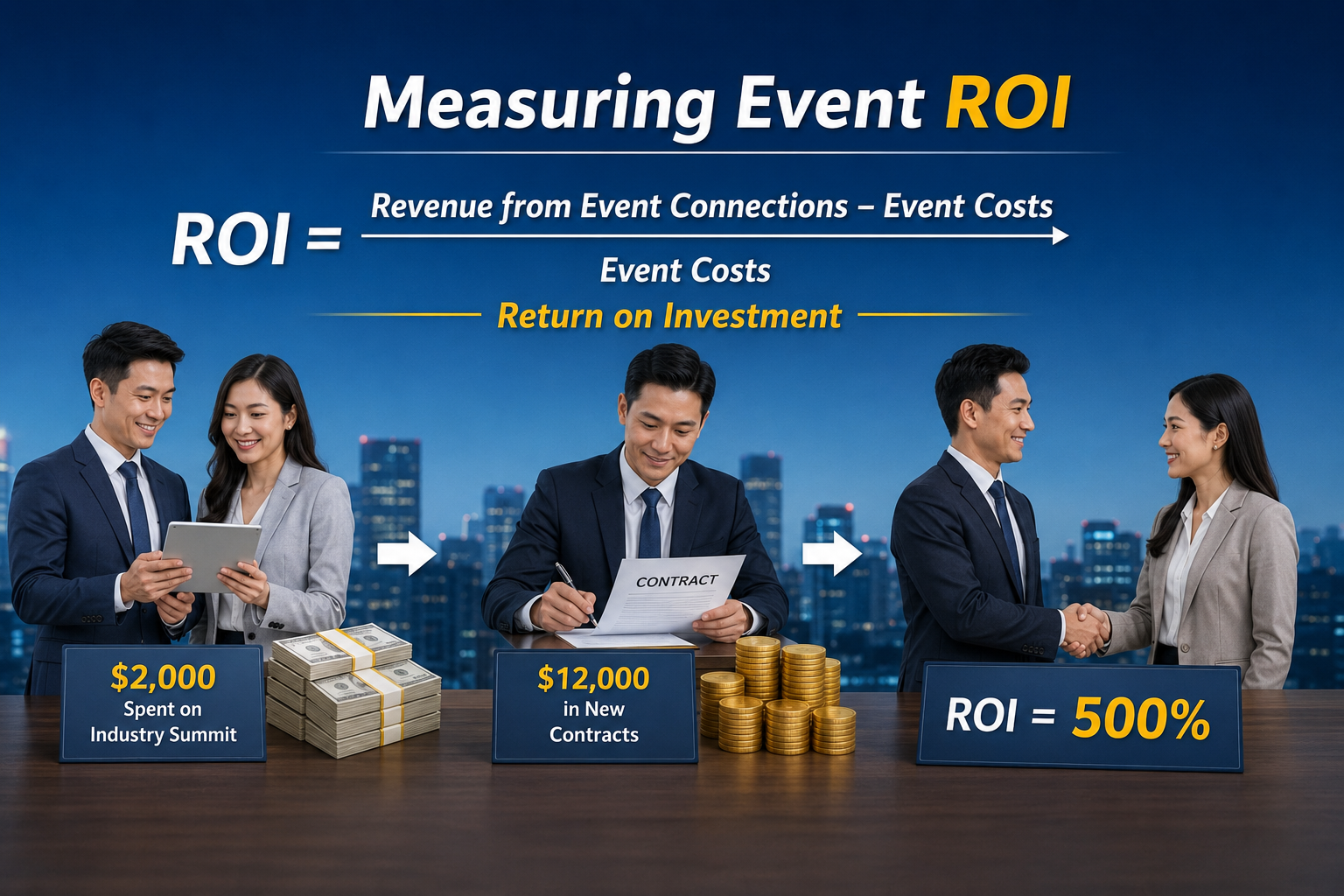Measuring event ROI: $2,000 spent on an industry summit becomes $12,000 in new contracts, ROI = 500%