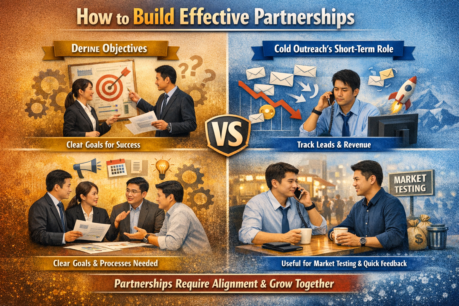 How to build effective partnerships: define objectives vs. cold outreach's short-term role, clear goals and processes vs. market testing